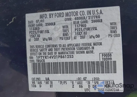 2001 Ford Ranger Edge/Xl/Xlt from USA, damaged, VIN 1FTYR14V21PB61253